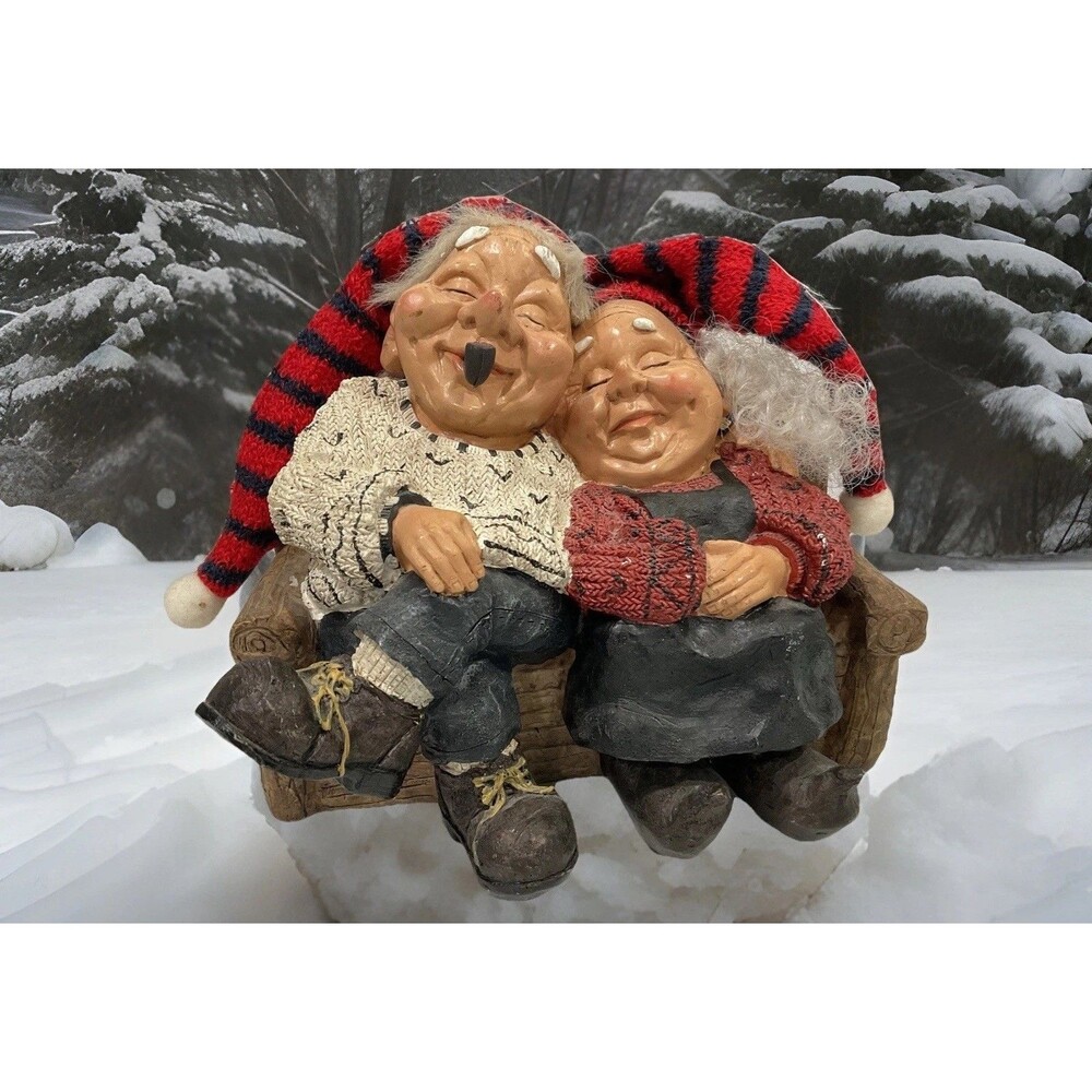 Vintage Elder Christmas Elf/Gnome Couple Sitting on Bench Figurine